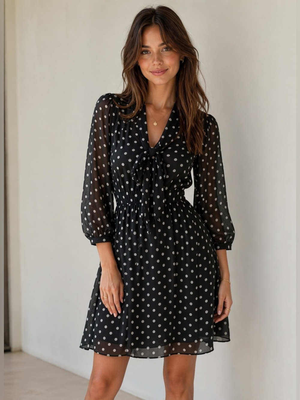 Forever 21 Black & White Polka Dot Bow Tie Sheer Mini Ling Sleeve Dress Small